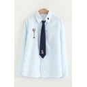 Simple Ladies Long Sleeve Lapel Collar Button Down Letter MIAO Cat Embroidered Pocket Panel Relaxed Shirt with Tie