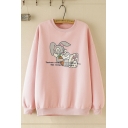 Preppy Girls Long Sleeve Round Neck Rabbit Graphic Loose Fitted Pullover Sweatshirt