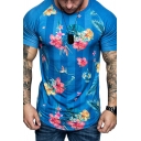 Cool Guys Short Sleeve Round Neck Flower Pattern Slim Fitted Tee Top