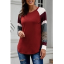 Casual Women's Long Sleeve Round Neck Stripe Plaid Print Colorblocked Curved Hem Relaxed T Shirt
