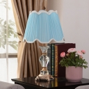 Shaded Fabric Desk Light Modern 1 Head Blue Night Table Lamp with Carved Metal Base