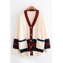 Casual Girls Long Sleeve Button Down Cable Knitted Color Block Oversize Cardigan