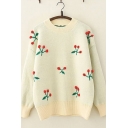 Unique Lovely Girls Long Sleeve Crew Neck Floral Pattern Pom Pom Knit Loose Sweater