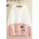 Preppy Girls Long Sleeve Paw Drawstring Fish Embroidery Color Block Oversize Hoodie