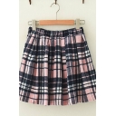 Womens Pretty Pink Elastic Waist Plaid Patterned Wool Mini Pleated A-Line Skirt
