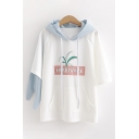 Stylish Short Sleeve Drawstring Letter HERBIVORE Graphic Pouch Pocket Contrasted Asymmetric Patched Oversize Hoodie for Women
