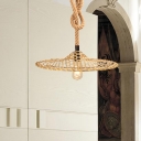 Rope Beige Hanging Light Kit Knots 1 Bulb Countryside Suspended Pendant Lamp with Flat Bamboo Hat Shade