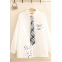 Preppy Girls' Long Sleeve Lapel Collar Button Down Rabbit Pattern Loose Fit White Shirt with Tie