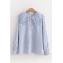 Elegant Girls Long Sleeve Peter Pan Collar Button Down Sheer Mesh Panel Solid Color Relaxed Shirt