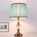 1 Head Drum Task Lighting Modernist Fabric Nightstand Lamp in Beige/Blue for Living Room
