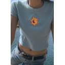 Simple Basic Girls Short Sleeve Crew Neck Yin Yang Sun Pattern Fitted Crop T Shirt