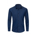 Stylish Long Sleeve Lapel Collar Button Down Checker Printed Slim Fitted Denim Blue Shirt