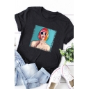 Cool Womens Roll-Up Sleeve Crew Neck Cartoon Girl Relaxed Fit Tee Top