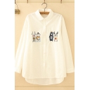 Simple White Long Sleeve Lapel Collar Button Down Cartoon Embroidered Loose Fit Shirt for Women