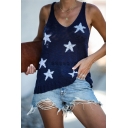Navy Chic Sleeveless All Over Pentagram Printed Loose Fit Tank Top for Ladies