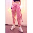 Fashion Stylish Women's Elastic Waist Drawstring Strap Embellished Flap Pockets Label Ankle Carrot Fit Trousers