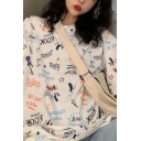 Stylish Chic Ladies Short Sleeve Crew Neck All Over Letter Printed Oversize Long Tee