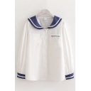 Preppy Girls Long Sleeve Sailor Collar Button Down Japanese letter Striped Relaxed Fit Shirt in White