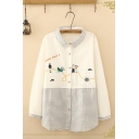Casual Womens Long Sleeve Lapel Collar Button Down Stripe Panel Cartoon Embroidered Curved Hem Loose Shirt in White