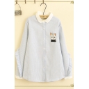 Fantastic Girls Long Sleeve Lapel Collar Button Down Cat Embroidery Ruffled Trim Stripe Printed Contrasted Oversize Shirt