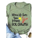 Girls Fashion Roll-Up Sleeve Crew Neck Letter BOIL CRAWFISH Lobster Graphic Fitted T Shirt