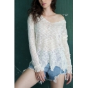 Stylish Fancy White Long Sleeve Drop Shoulder Semi-Sheer Purl Knit Fringe Hem Relaxed Sweater