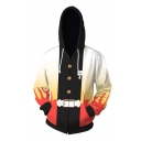 Casual Mens Long Sleeve Zipper Front 3D Anime Button Belt Flame Printed Color Block Relaxed Hoodie in Black