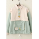 Cute Womens Long Sleeve Lapel Collar Button Up Cat Embroidered Colorblocked Drawstring Hem Patchwork Loose Jacket