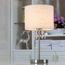 Drum Fabric Table Light Modern 1 Head Chrome Small Desk Lamp with Crystal Teardrop