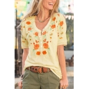 Popular Women's Short Sleeve Round Neck Flower Embroidery Relaxed Fit T Shirt