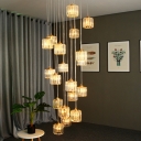 Clear Crystal Drum Cluster Pendant Simple 15 Heads Amber Suspension Light for Living Room