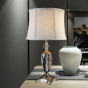Drum Desk Light Modern Fabric 1 Bulb Grey Night Table Lamp with Carved Metal Base