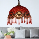 Red Carved Hanging Lamp Art Deco Metal 1 Bulb Ceiling Pendant Light with Crystal Teardrop