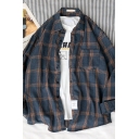 Casual Classic Men's Roll Up Sleeves Lapel Neck Button Down Plaid Pattern Relaxed Fit Shirt in Dark Blue