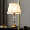 White Tapered Desk Light Modern 1 Head Fabric Nightstand Lamp with Clear Crystal Ball