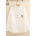 Fashion Girls' White Long Sleeve Lapel Neck Button Down Cartoon Embroidery Pocket Patched Loose Shirt