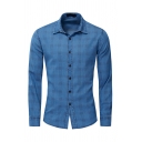 Simple Guys Blue Long Sleeve Lapel Collar Button Down Checker Printed Slim Fitted Shirt