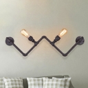W-Shape Iron Sconce Lamp Industrial 2-Light Coffee House Wall Mounted Light in Black with Pipe Design