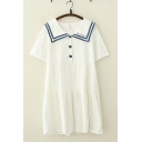 Preppy Girls Short Sleeve Sailor Collar Stripe Pattern Button Up Letter Embroidery Ruffled Midi Swing Dress