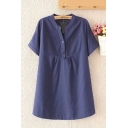 eisure Womens Short Sleeve V-Neck Button Down Solid Color Mid Swing Dress