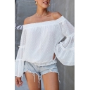 Glamorous Girls' Plain Bell Sleeves Off the Shoulder Polka Dot Printed See Through Mesh Relaxed Fit Shirt