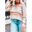 Gorgeous Women's Long Sleeve Drop Shoulder Striped Open Knit Loose Fit Sweater Top in Apricot