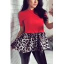 Fashionable Short Sleeve Crew Neck Ruffled Trim Leopard Print Panel Relaxed Tee