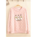 Basic Casual Women's Long Sleeve Crew Neck Rabbit Embroidered Polka Dot Relaxed Pullover Sweatshirt