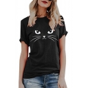 Trendy Girls Roll Up Sleeves Crew Neck Cat Printed Loose Fit T-Shirt