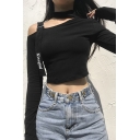 Goth Girls Long Sleeve Halter Letter KISS GOD Buckle Strap Fitted Crop T Shirt in Black