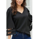 Cool Chic Bell Sleeve V-Neck Striped Sheer Mesh Patchwork Plain Relaxed Fit Blouse Top