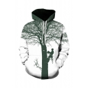 New Fashion Long Sleeve Drawstring Cartoon Tree 3D Pattern Kangaroo Pocket Loose Hoodie in White