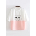 Lovely Girls Short Sleeve Round Neck Cat Printed Color Block Loose Fit T Shirt