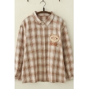 Casual Womens Long Sleeve Lapel Collar Button Down Bear Embroidered Checkered Relaxed Fit Shirt